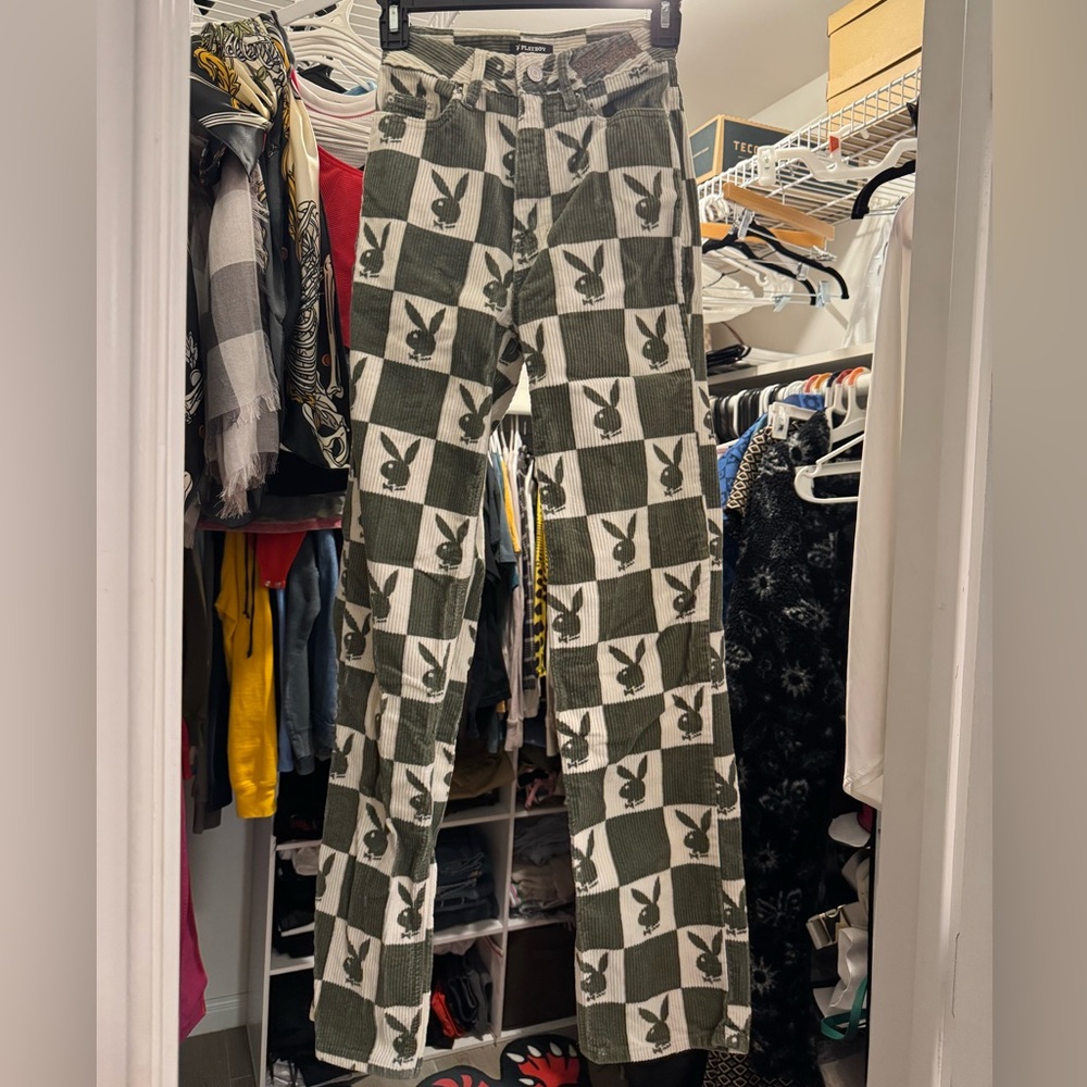 PLAYBOY Corduroy Pants in Green and White